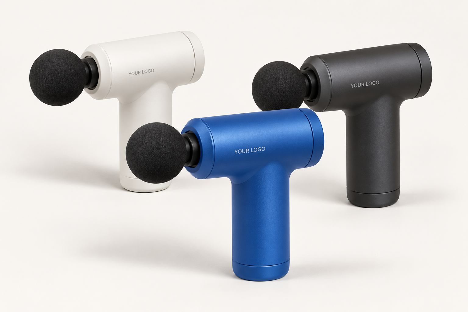 Concept: compact massage guns in blue, white and charcoal